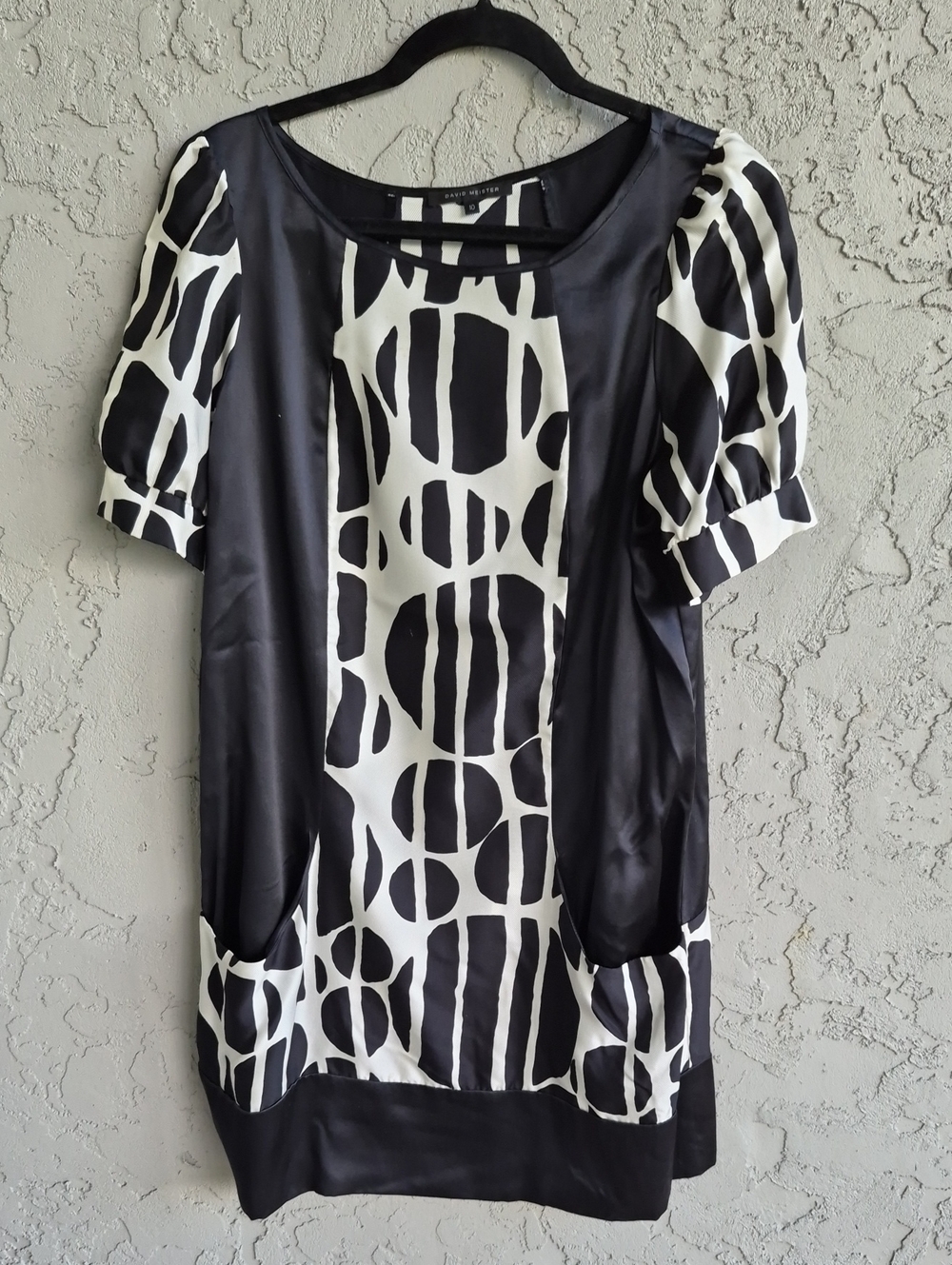David Meister Black and White Geometric Paneled Silk Dress
